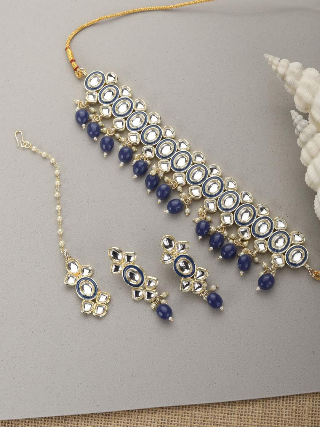 Women's Blue Pearls Kundan Gold Plated Choker Set with MaangTikka - Priyaasi - Indiakreations