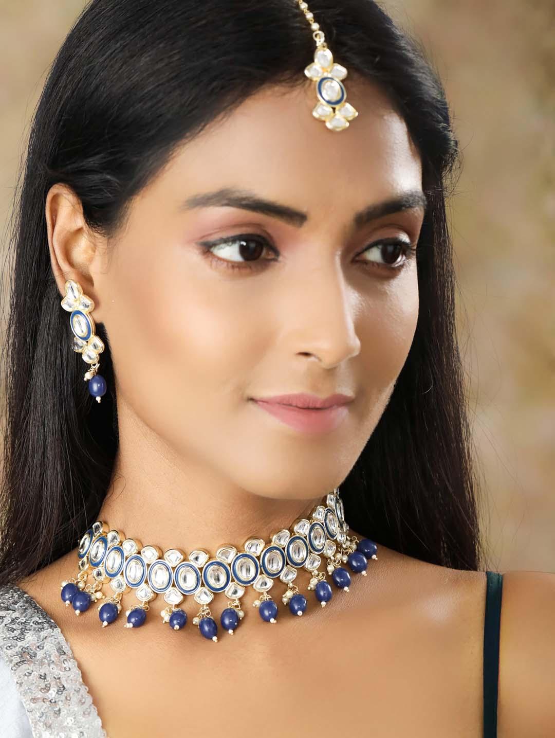 Women's Blue Pearls Kundan Gold Plated Choker Set with MaangTikka - Priyaasi - Indiakreations