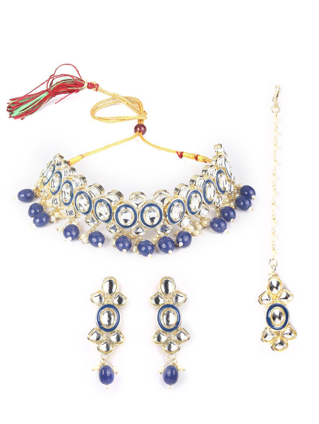 Women's Blue Pearls Kundan Gold Plated Choker Set with MaangTikka - Priyaasi - Indiakreations