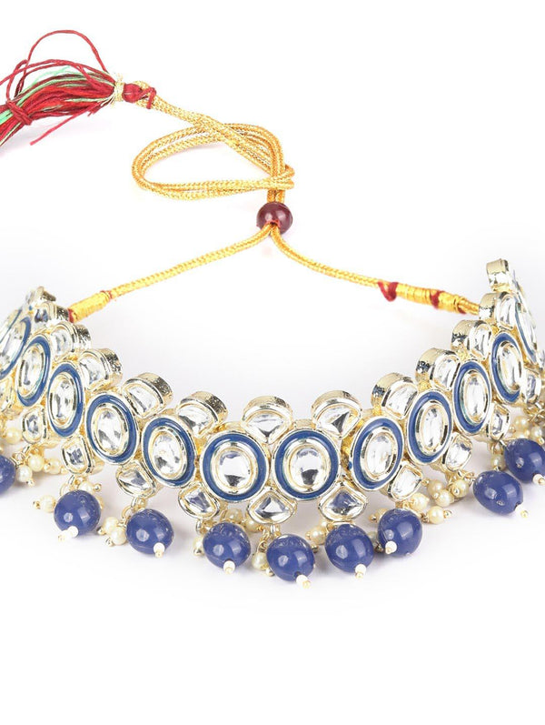 Women's Blue Pearls Kundan Gold Plated Choker Set with MaangTikka - Priyaasi - Indiakreations