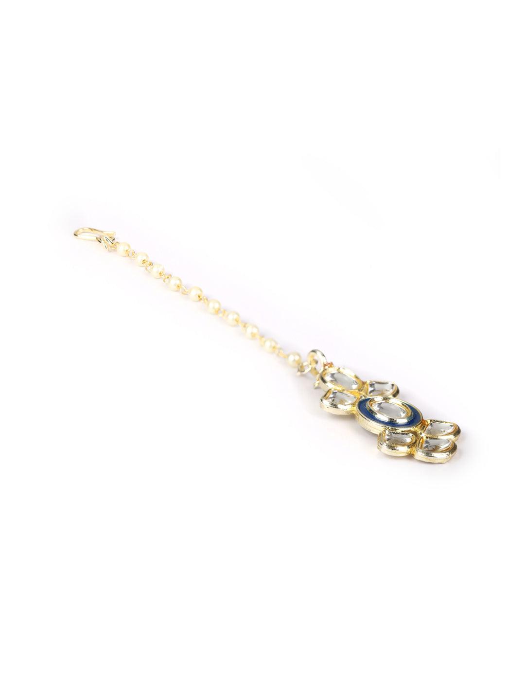 Women's Blue Pearls Kundan Gold Plated Choker Set with MaangTikka - Priyaasi - Indiakreations