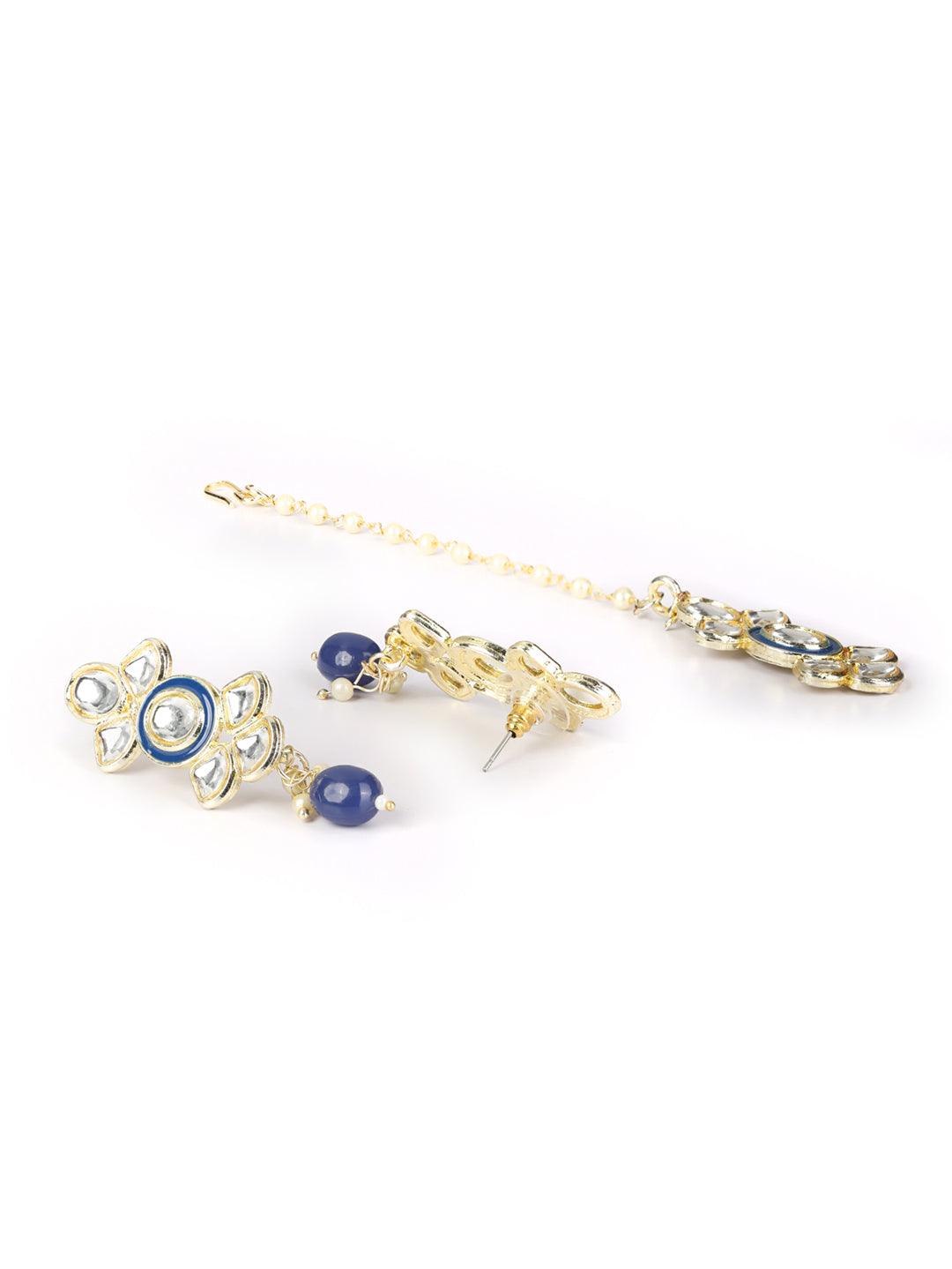 Women's Blue Pearls Kundan Gold Plated Choker Set with MaangTikka - Priyaasi - Indiakreations