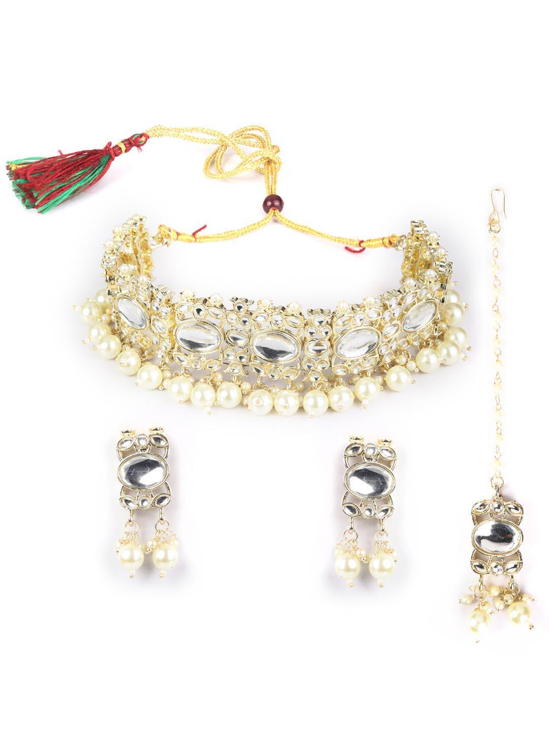 Women's Kundan Pearls Gold Plated Choker Set with MaangTikka - Priyaasi - Indiakreations