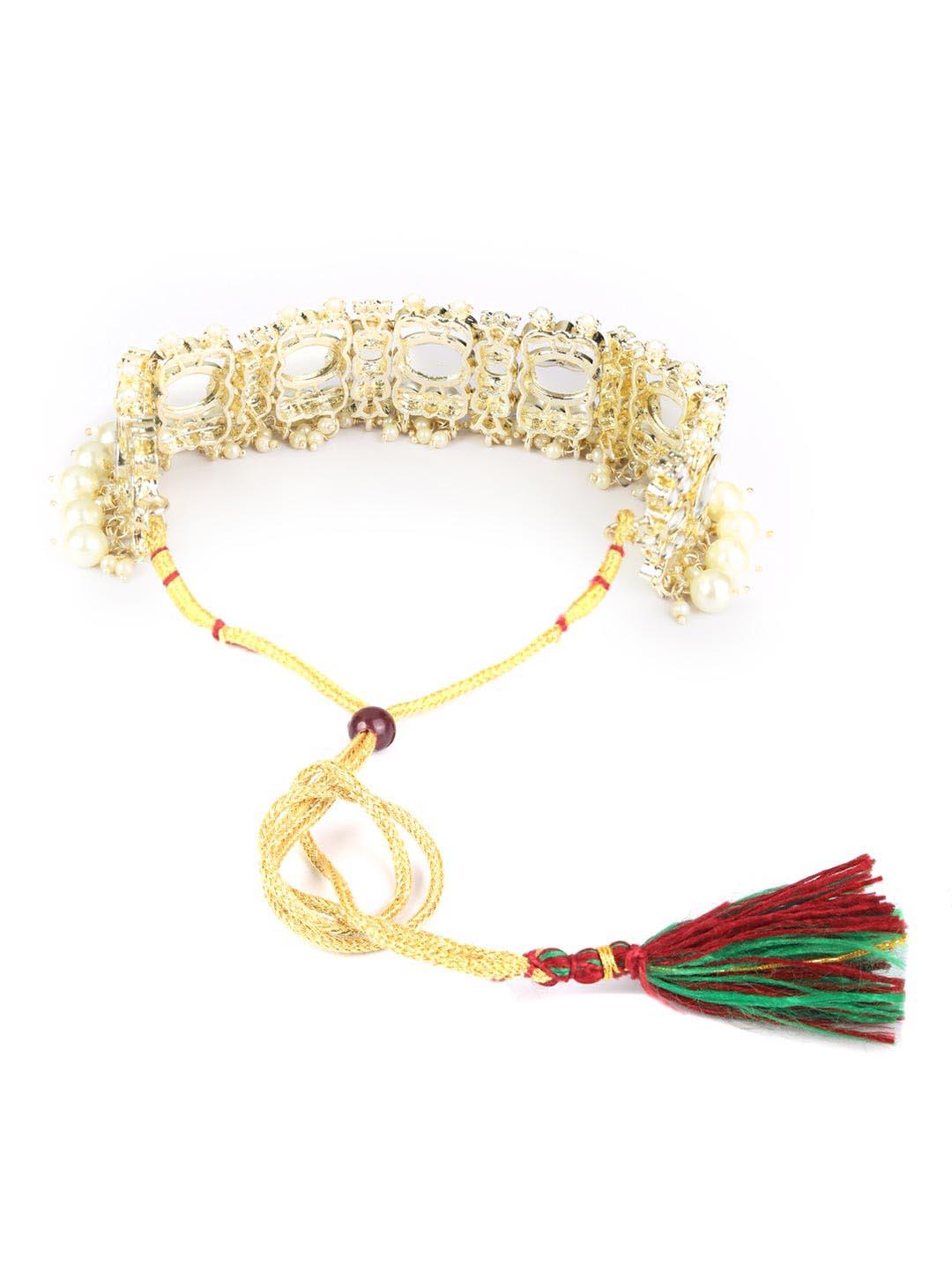 Women's Kundan Pearls Gold Plated Choker Set with MaangTikka - Priyaasi - Indiakreations