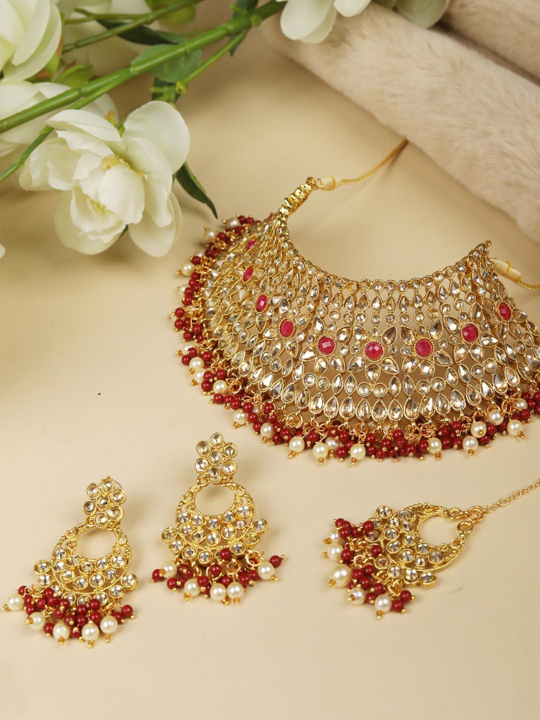 Women's Stones Pearls Gold Plated Floral Choker Set with MaangTikka - Priyaasi - Indiakreations