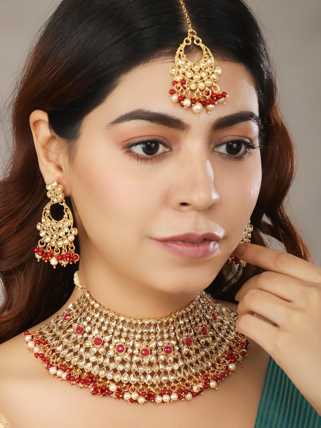 Women's Stones Pearls Gold Plated Floral Choker Set with MaangTikka - Priyaasi - Indiakreations