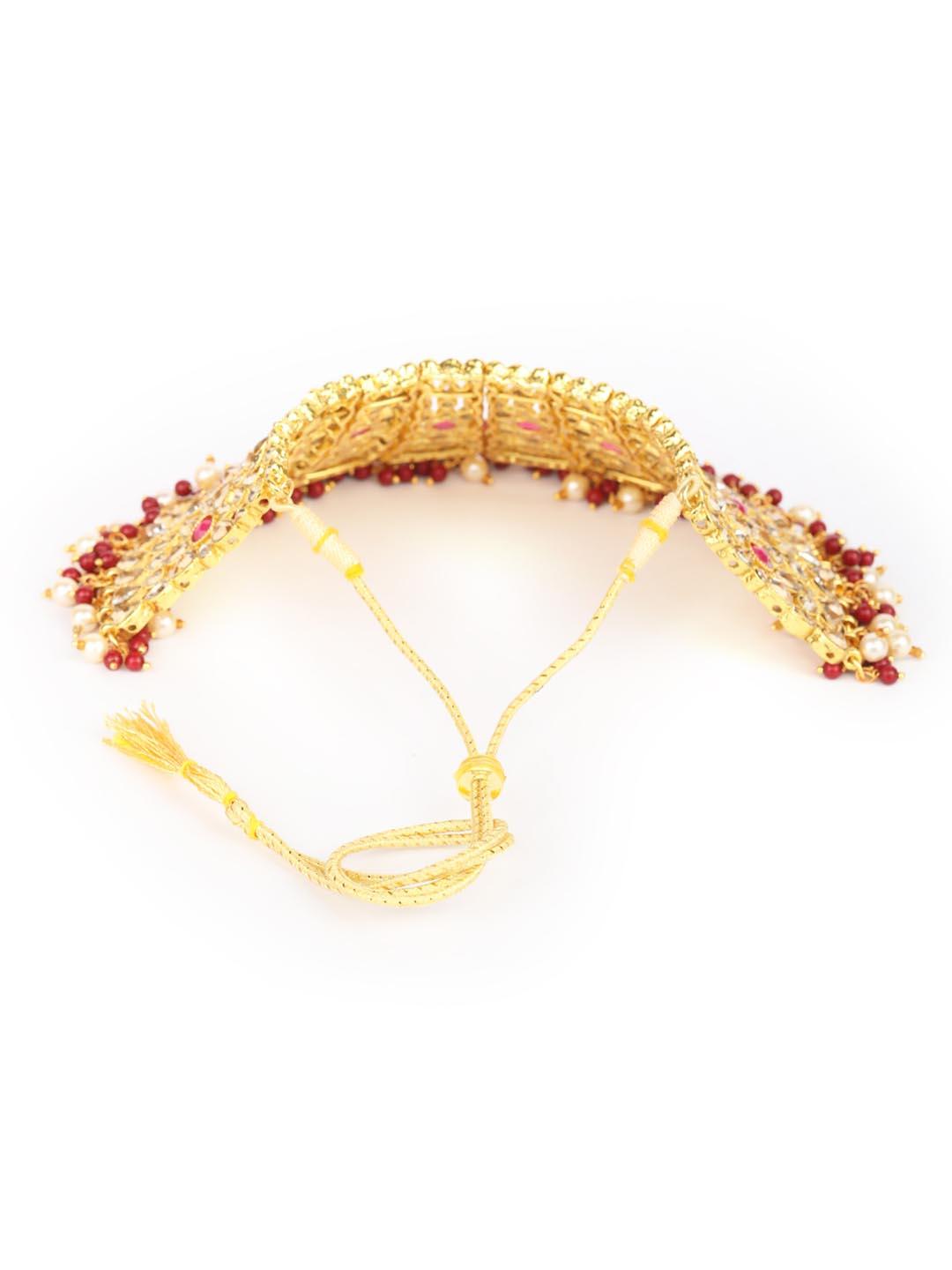 Women's Stones Pearls Gold Plated Floral Choker Set with MaangTikka - Priyaasi - Indiakreations