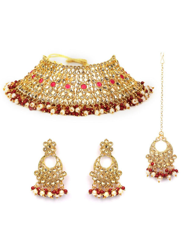 Women's Stones Pearls Gold Plated Floral Choker Set with MaangTikka - Priyaasi - Indiakreations