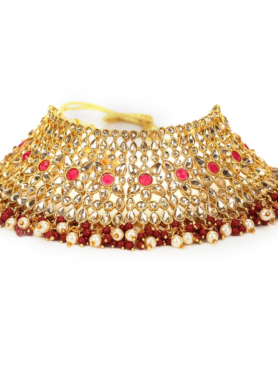 Women's Stones Pearls Gold Plated Floral Choker Set with MaangTikka - Priyaasi - Indiakreations