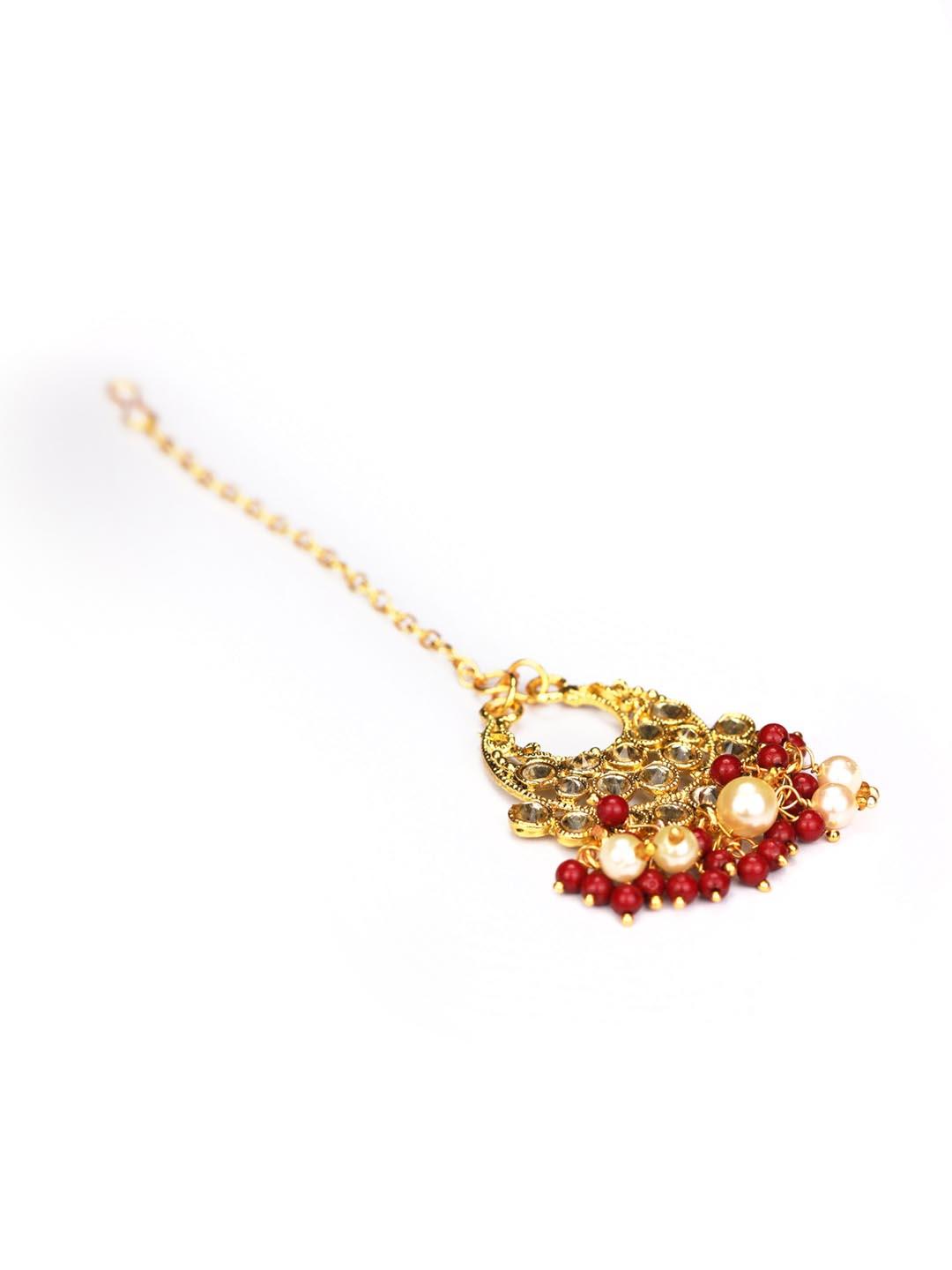 Women's Stones Pearls Gold Plated Floral Choker Set with MaangTikka - Priyaasi - Indiakreations