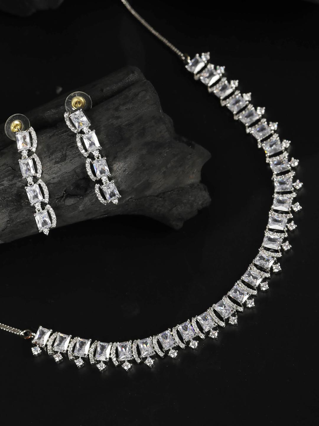 Women's Dazzle Blocked-Silver Plated American Diamond Jewellery Set - Priyaasi - Indiakreations