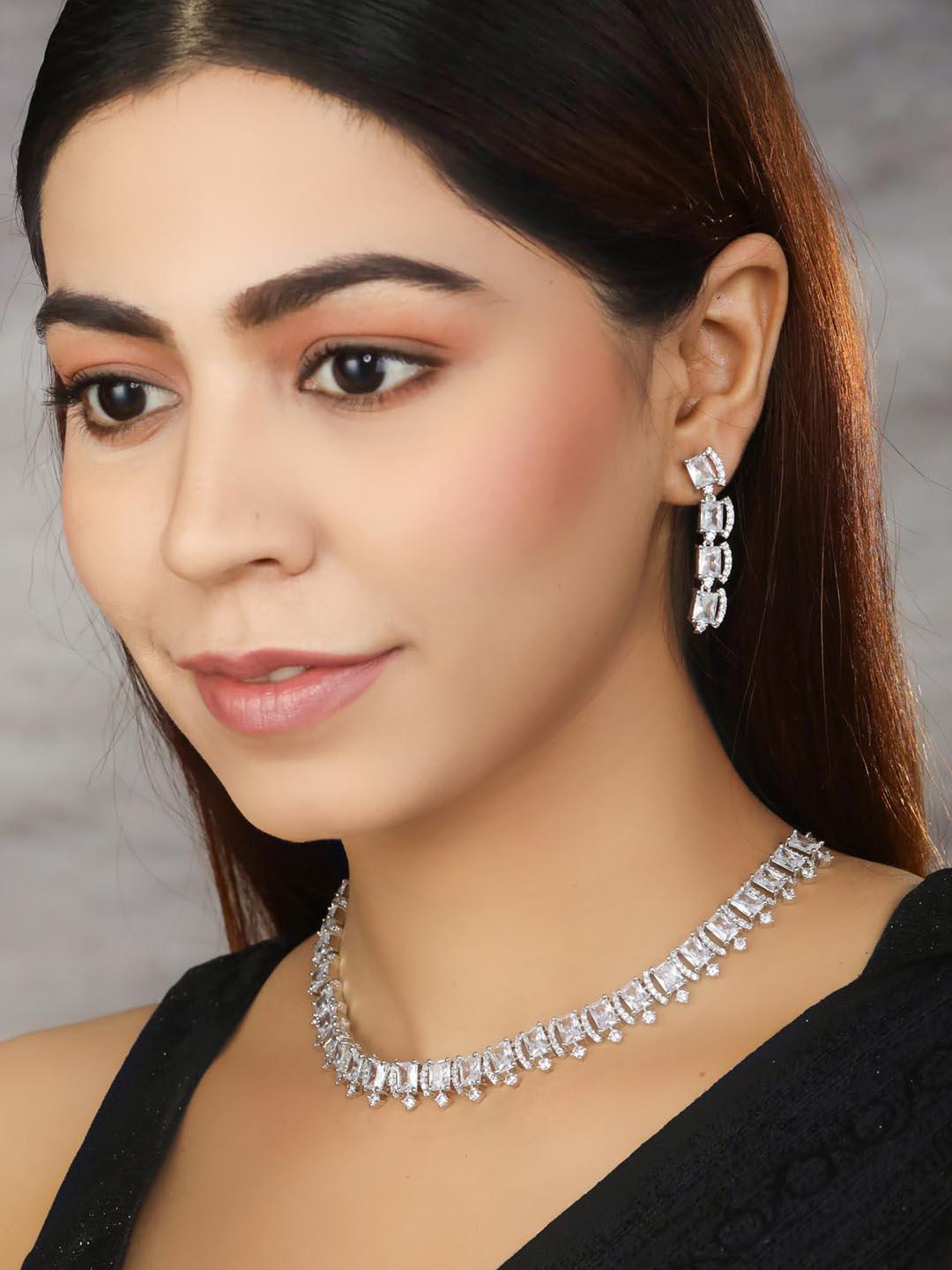 Women's Dazzle Blocked-Silver Plated American Diamond Jewellery Set - Priyaasi - Indiakreations