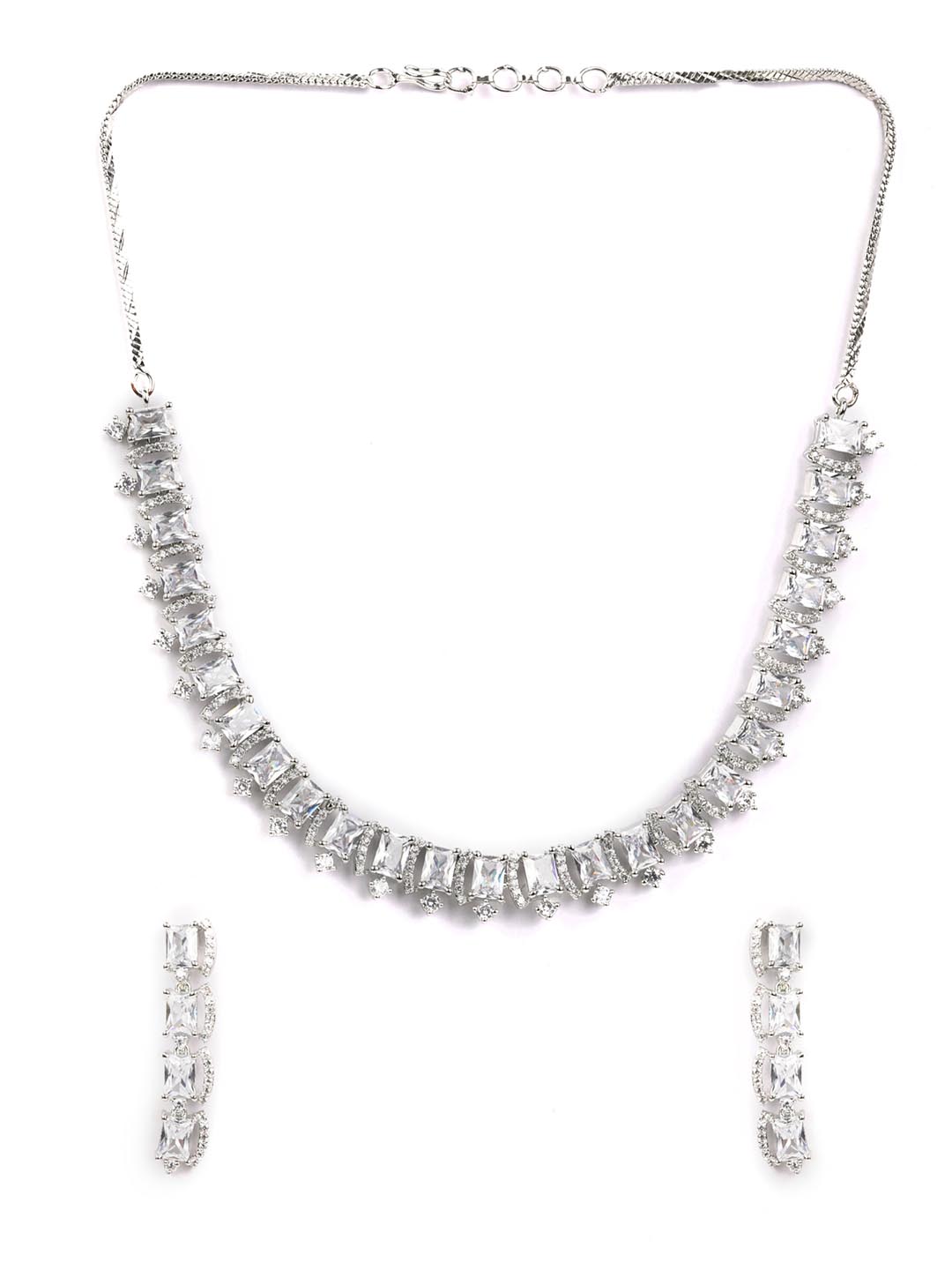 Women's Dazzle Blocked-Silver Plated American Diamond Jewellery Set - Priyaasi - Indiakreations