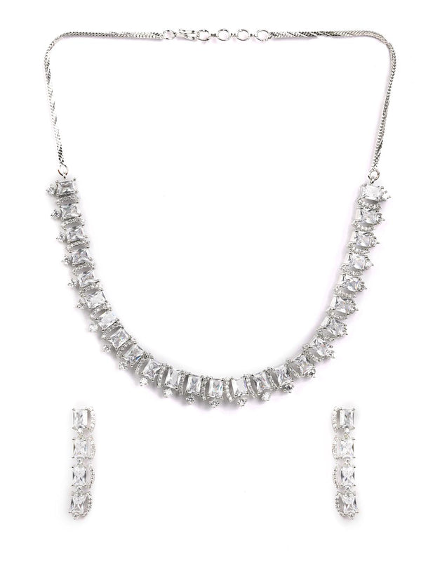 Women's Dazzle Blocked-Silver Plated American Diamond Jewellery Set - Priyaasi