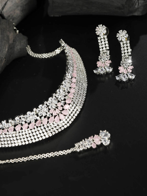 Women's Pink American Diamond Silver Plated Choker Set with MaangTikka - Priyaasi