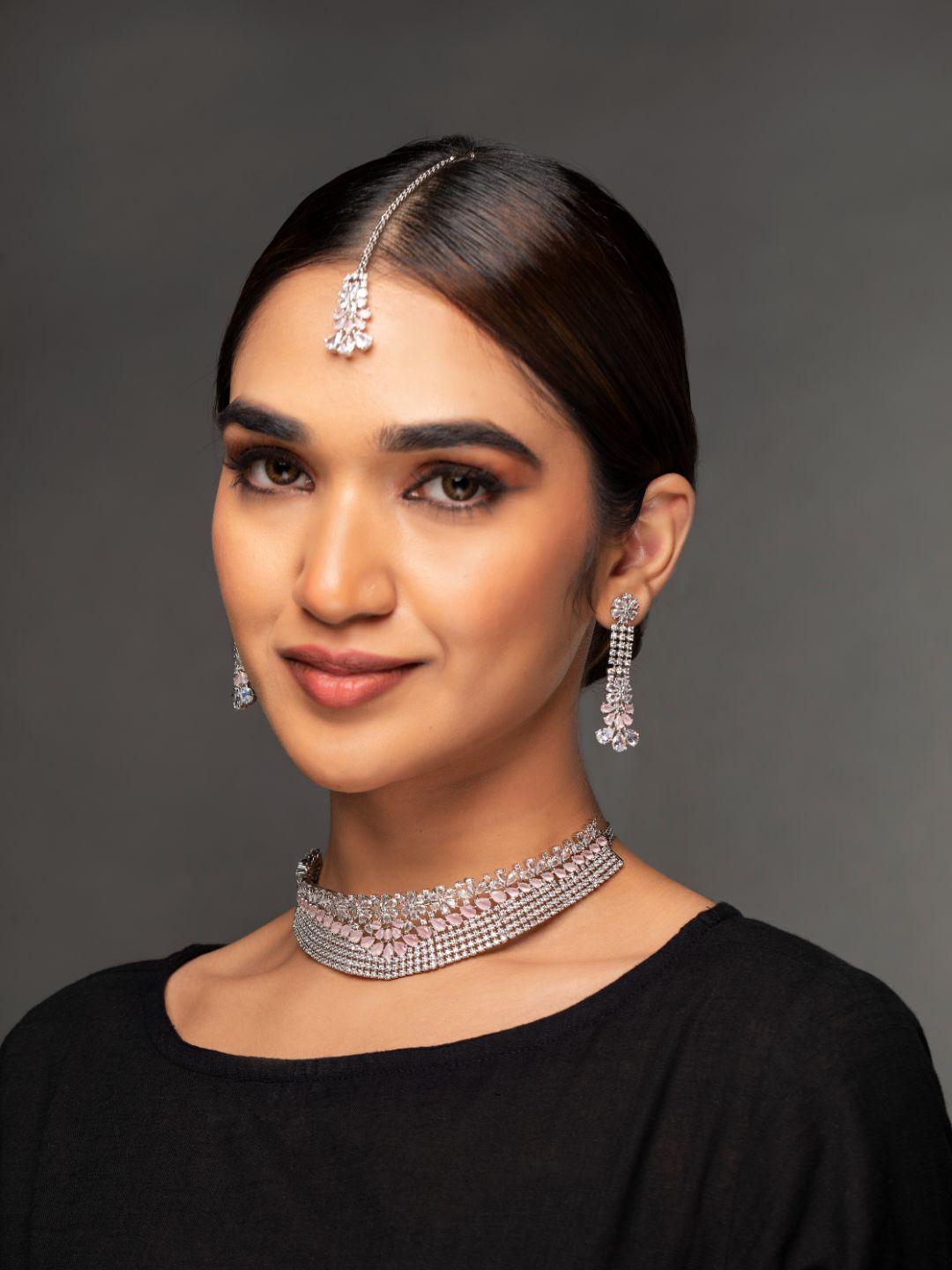 Women's Pink American Diamond Silver Plated Choker Set with MaangTikka - Priyaasi - Indiakreations