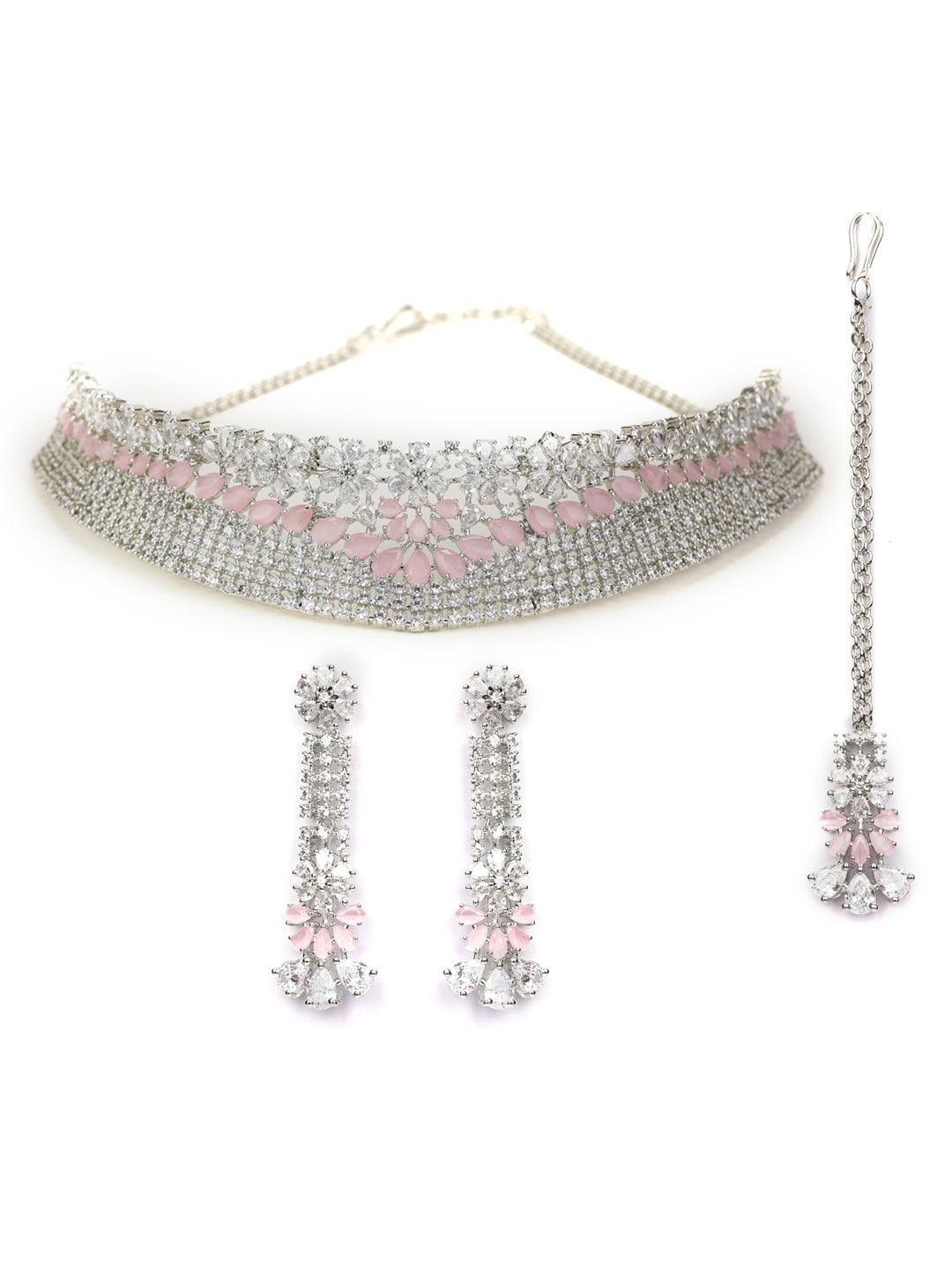 Women's Pink American Diamond Silver Plated Choker Set with MaangTikka - Priyaasi - Indiakreations