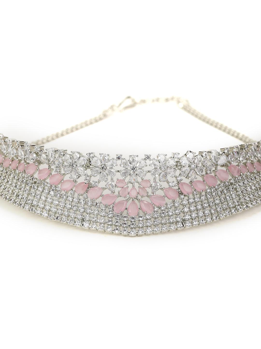 Women's Pink American Diamond Silver Plated Choker Set with MaangTikka - Priyaasi - Indiakreations