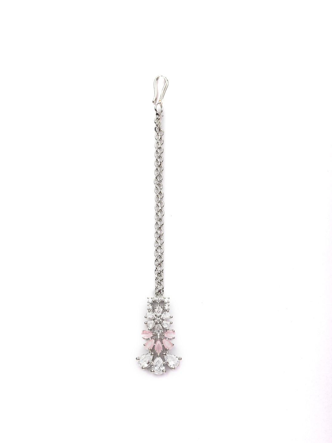 Women's Pink American Diamond Silver Plated Choker Set with MaangTikka - Priyaasi - Indiakreations