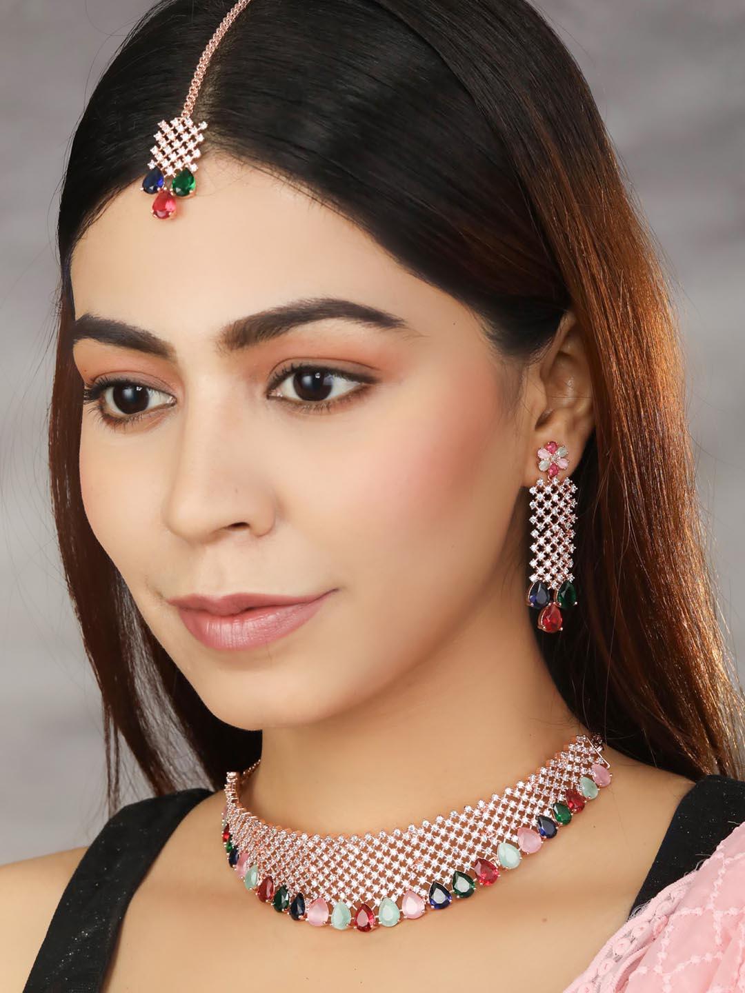 Women's Multi Color Rose Gold Plated Choker Set with MaangTikka - Priyaasi - Indiakreations