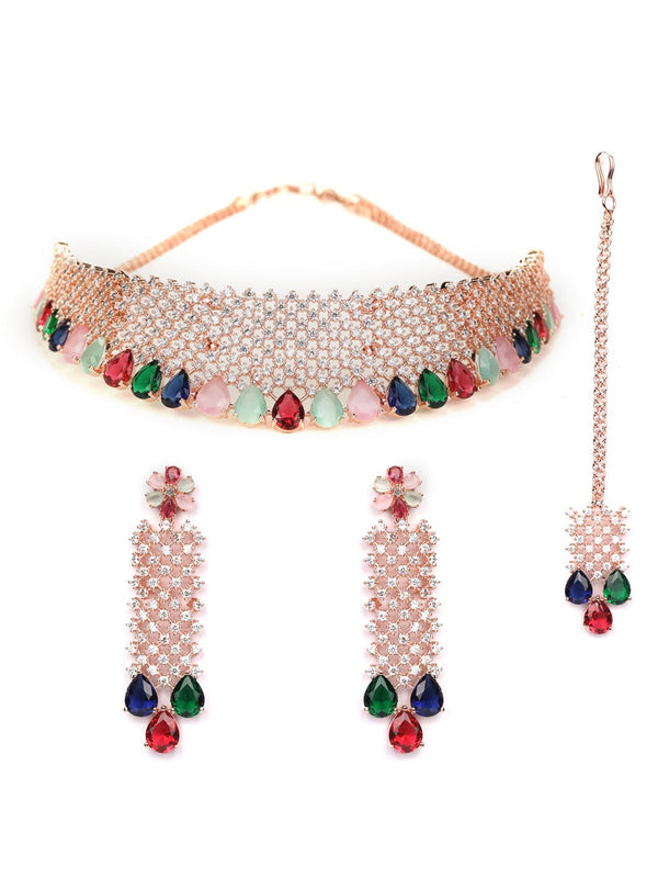 Women's Multi Color Rose Gold Plated Choker Set with MaangTikka - Priyaasi