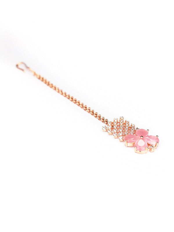 Women's Pink American Diamond Rose Gold Plated Choker Set with MaangTikka - Priyaasi - Indiakreations