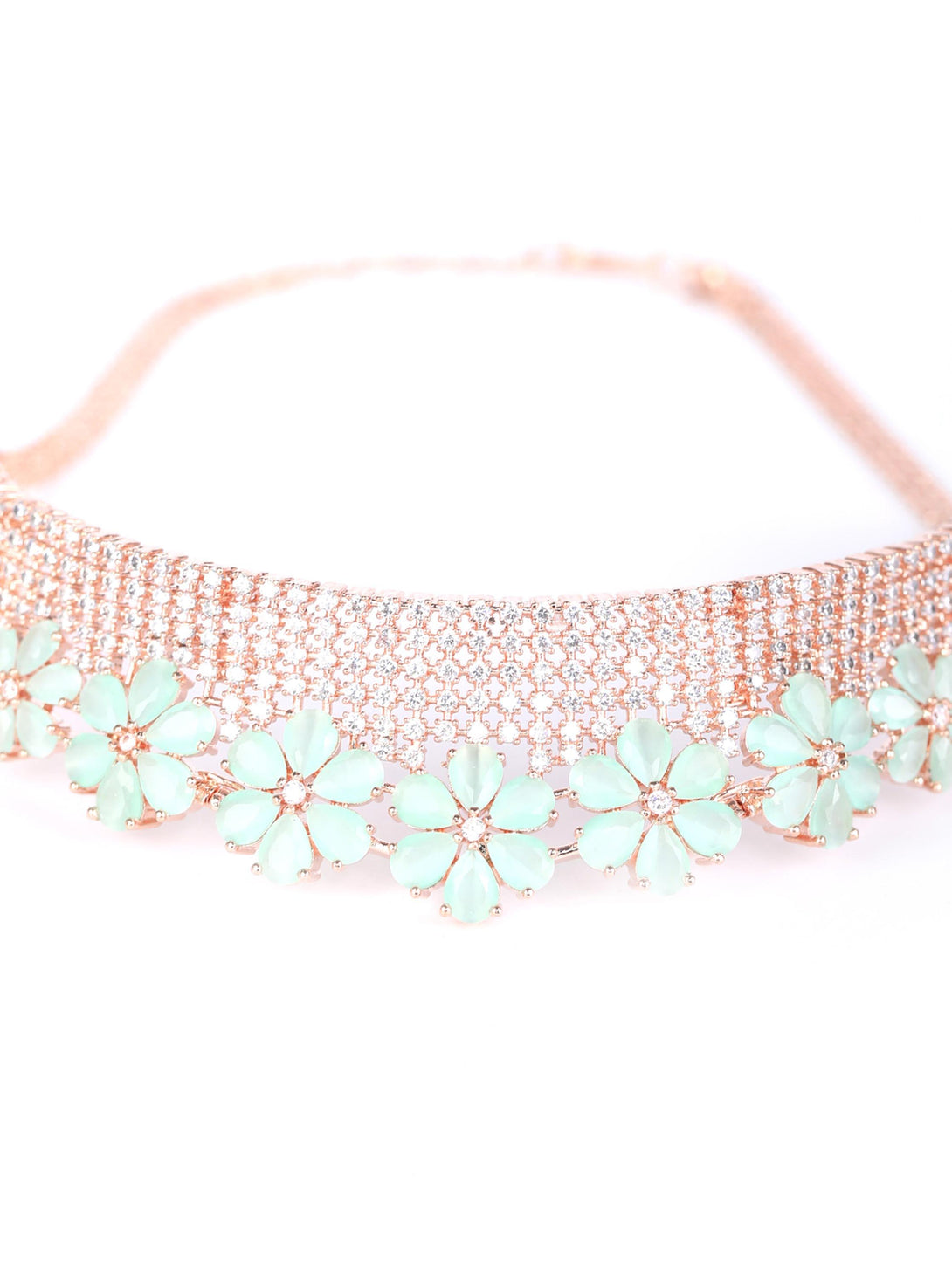 Women's Minty Gold - Green American Diamond Cubic Zirconia Rose Gold Plated Choker Set with MaangTikka - Priyaasi - Indiakreations