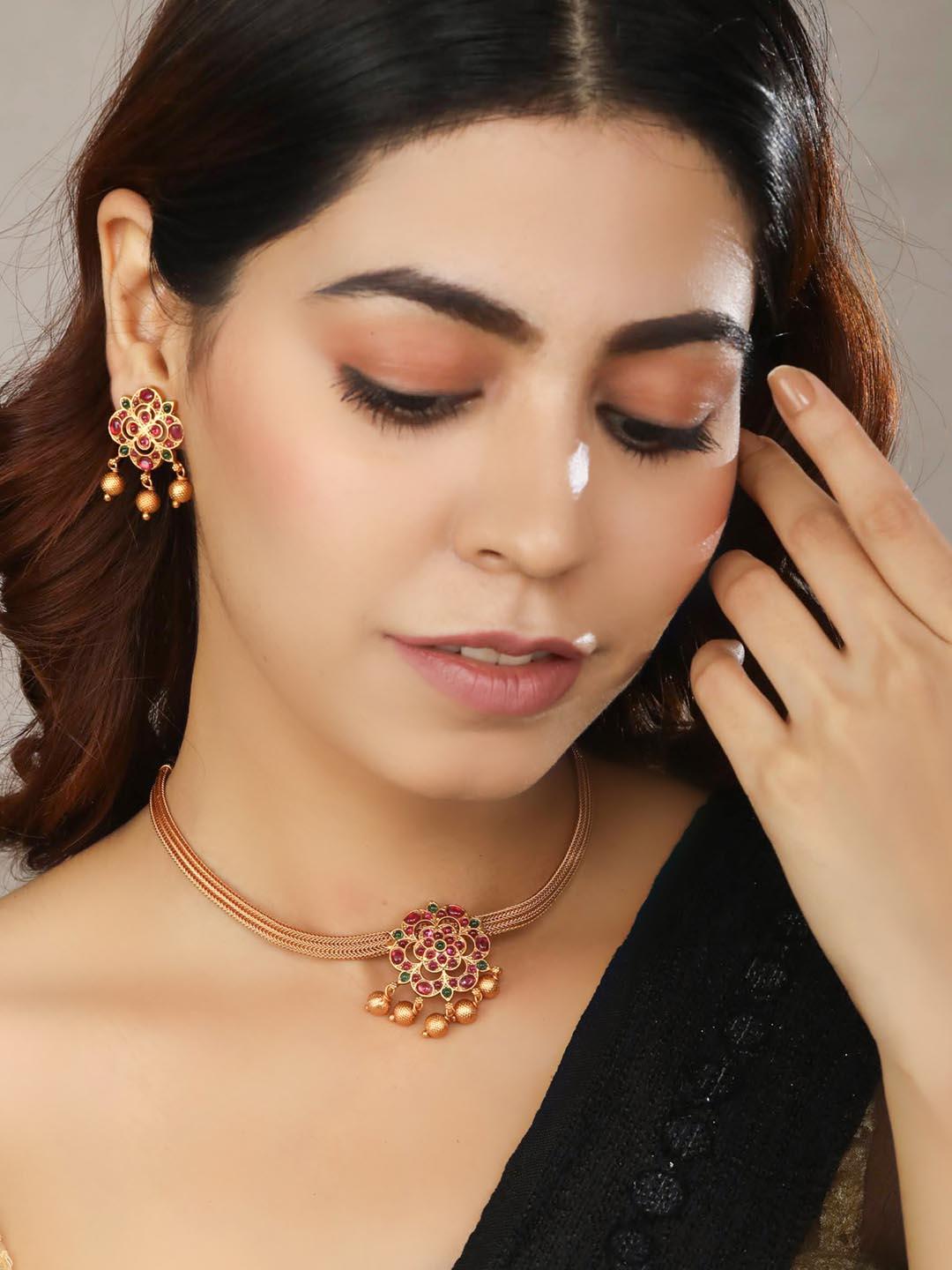 Women's Kemp Stones Gold Plated Floral Jewellery Set - Priyaasi - Indiakreations