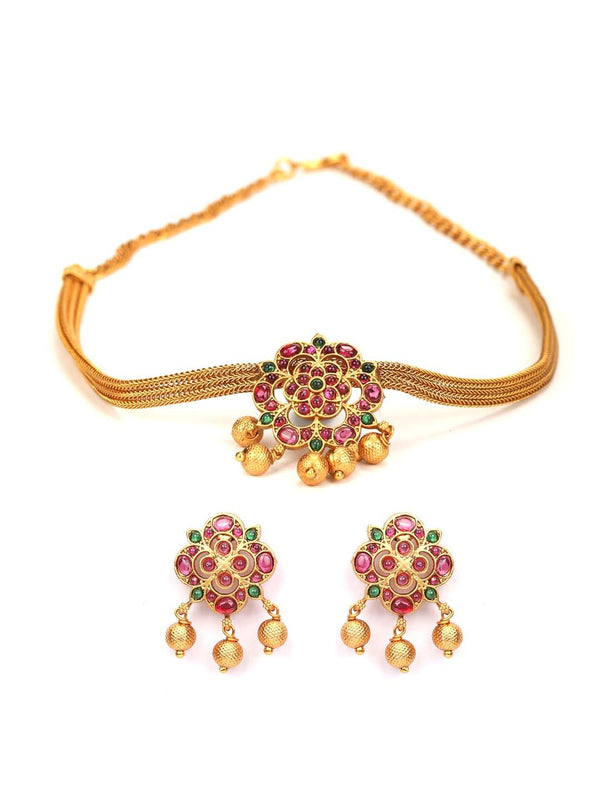 Women's Kemp Stones Gold Plated Floral Jewellery Set - Priyaasi - Indiakreations