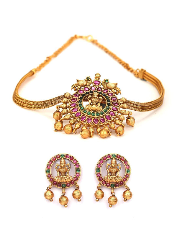 Women's Multi Color Kemp Stones Gold Plated Temple Choker Set - Priyaasi - Indiakreations