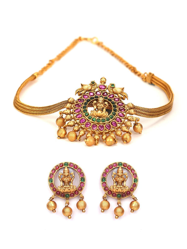 Women's Multi Color Kemp Stones Gold Plated Temple Choker Set - Priyaasi