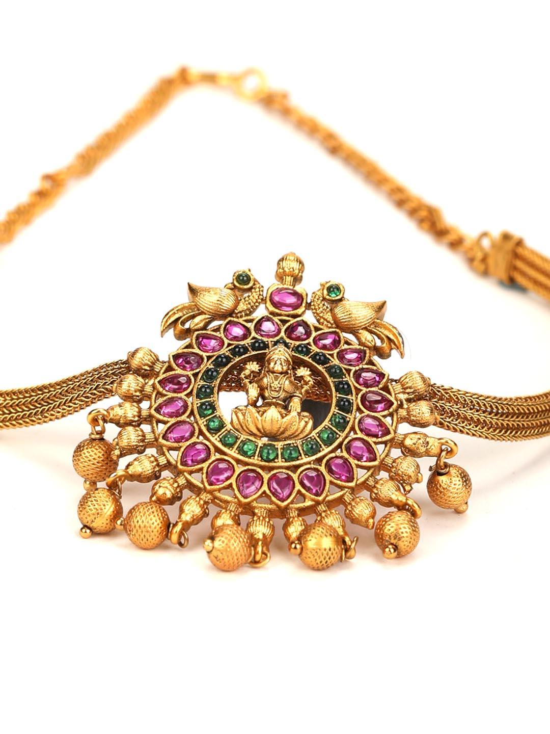 Women's Multi Color Kemp Stones Gold Plated Temple Choker Set - Priyaasi - Indiakreations