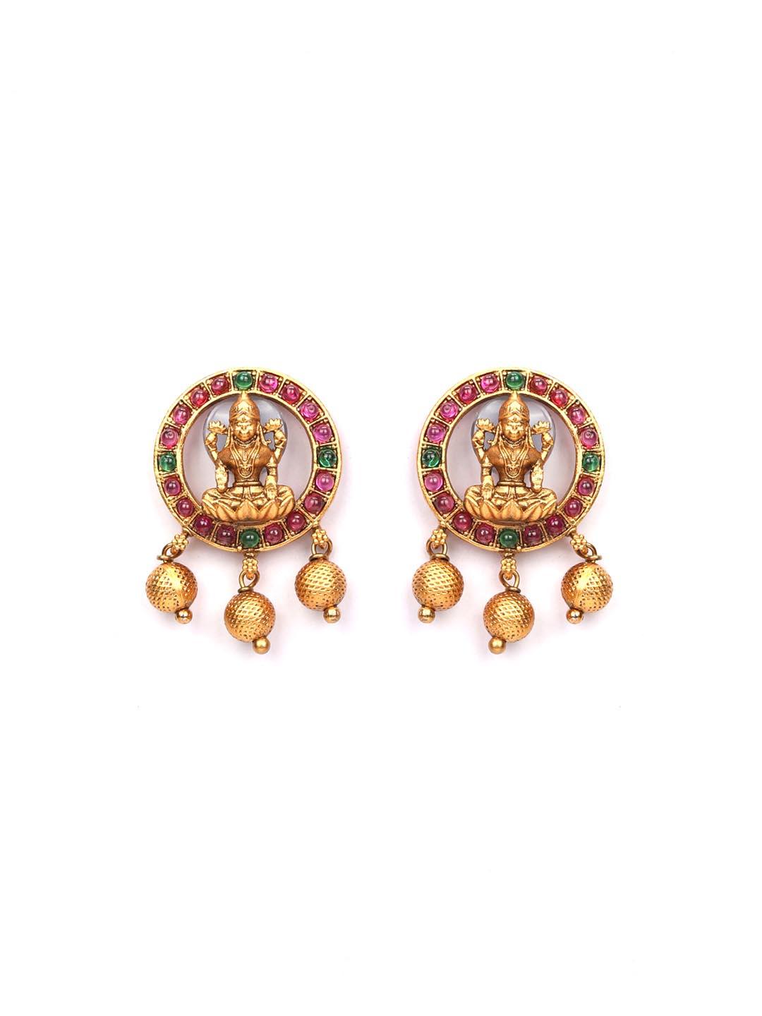 Women's Multi Color Kemp Stones Gold Plated Temple Choker Set - Priyaasi - Indiakreations