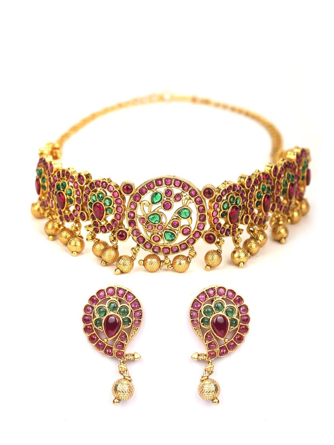 Women's Multi-Color Kemp Stones Gold Plated Choker Set - Priyaasi - Indiakreations