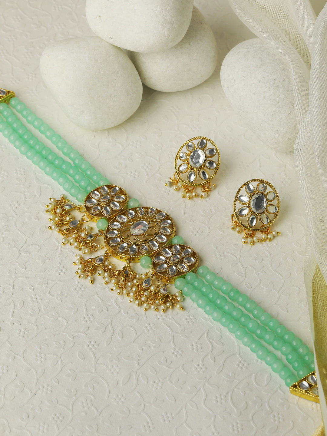 Women's Mint Green Stones Pearls Gold Plated Choker Set - Priyaasi - Indiakreations