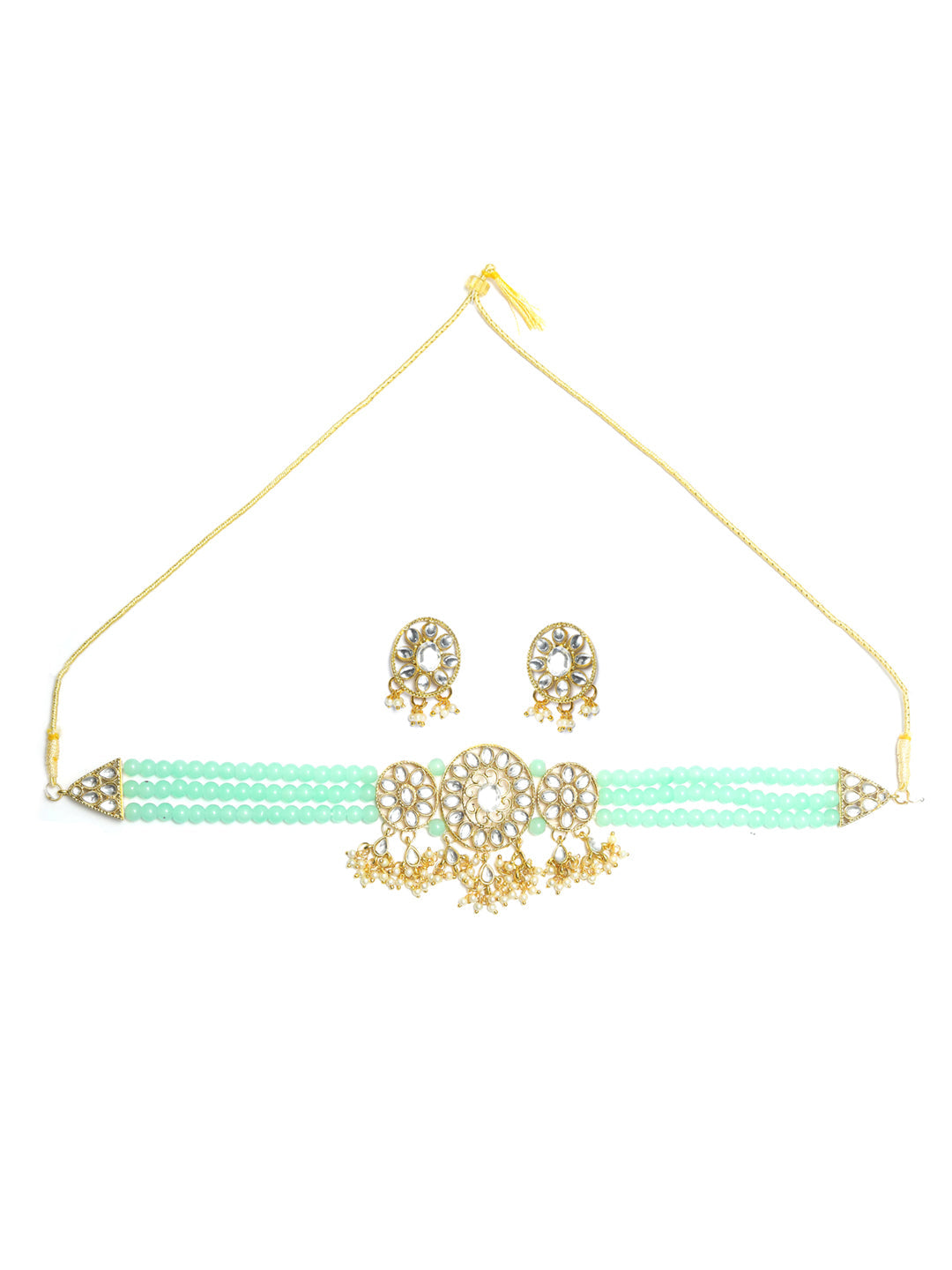 Women's Mint Green Stones Pearls Gold Plated Choker Set - Priyaasi - Indiakreations