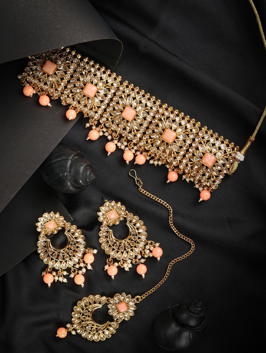 Women's Orange Kundan Gold Plated Choker Set with MaangTikka - Priyaasi - Indiakreations