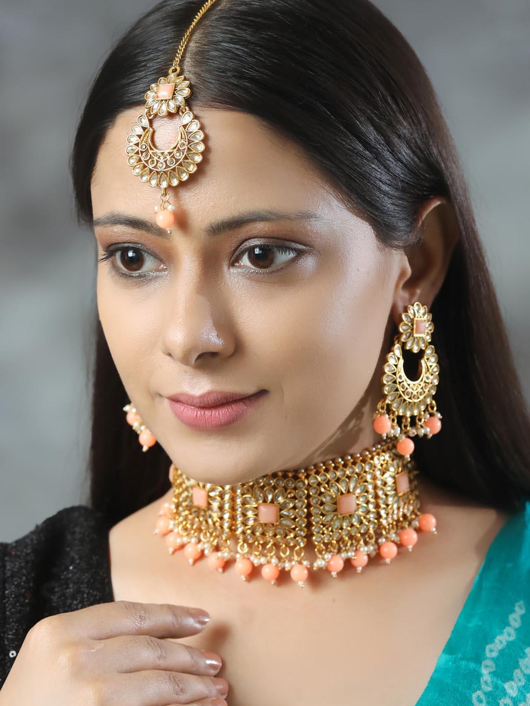 Women's Orange Kundan Gold Plated Choker Set with MaangTikka - Priyaasi - Indiakreations