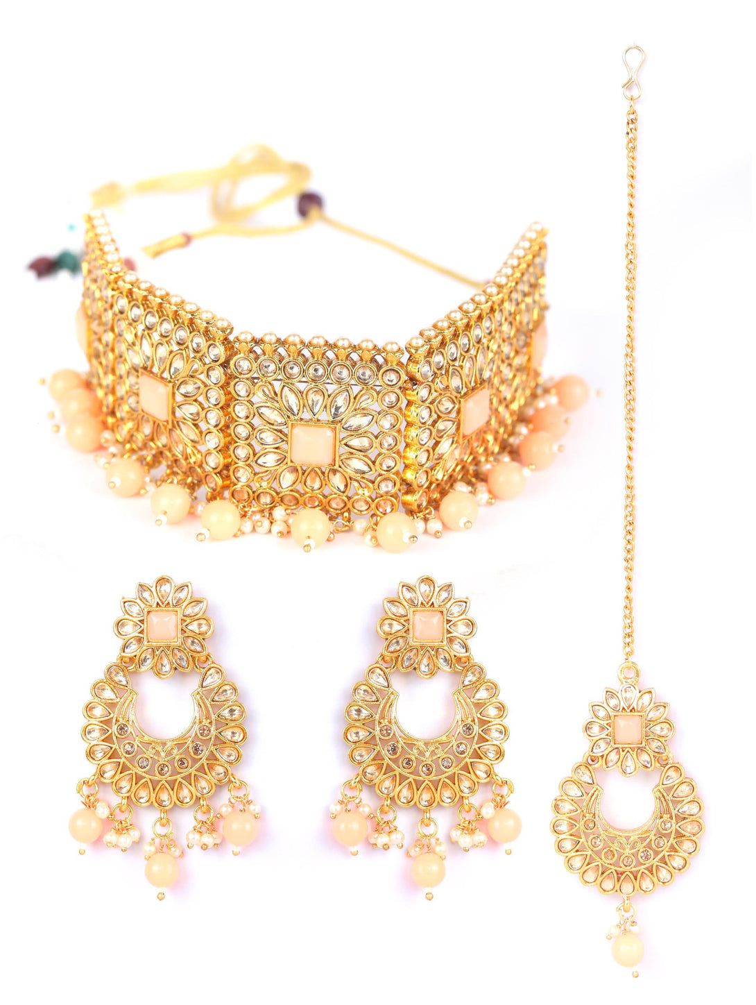 Women's Orange Kundan Gold Plated Choker Set with MaangTikka - Priyaasi - Indiakreations