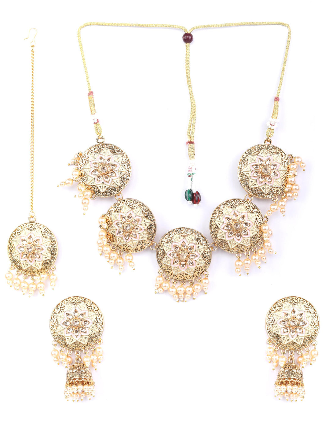 Women's Pink Kundan Pearls Gold Plated Choker Set with MaangTikka - Priyaasi - Indiakreations