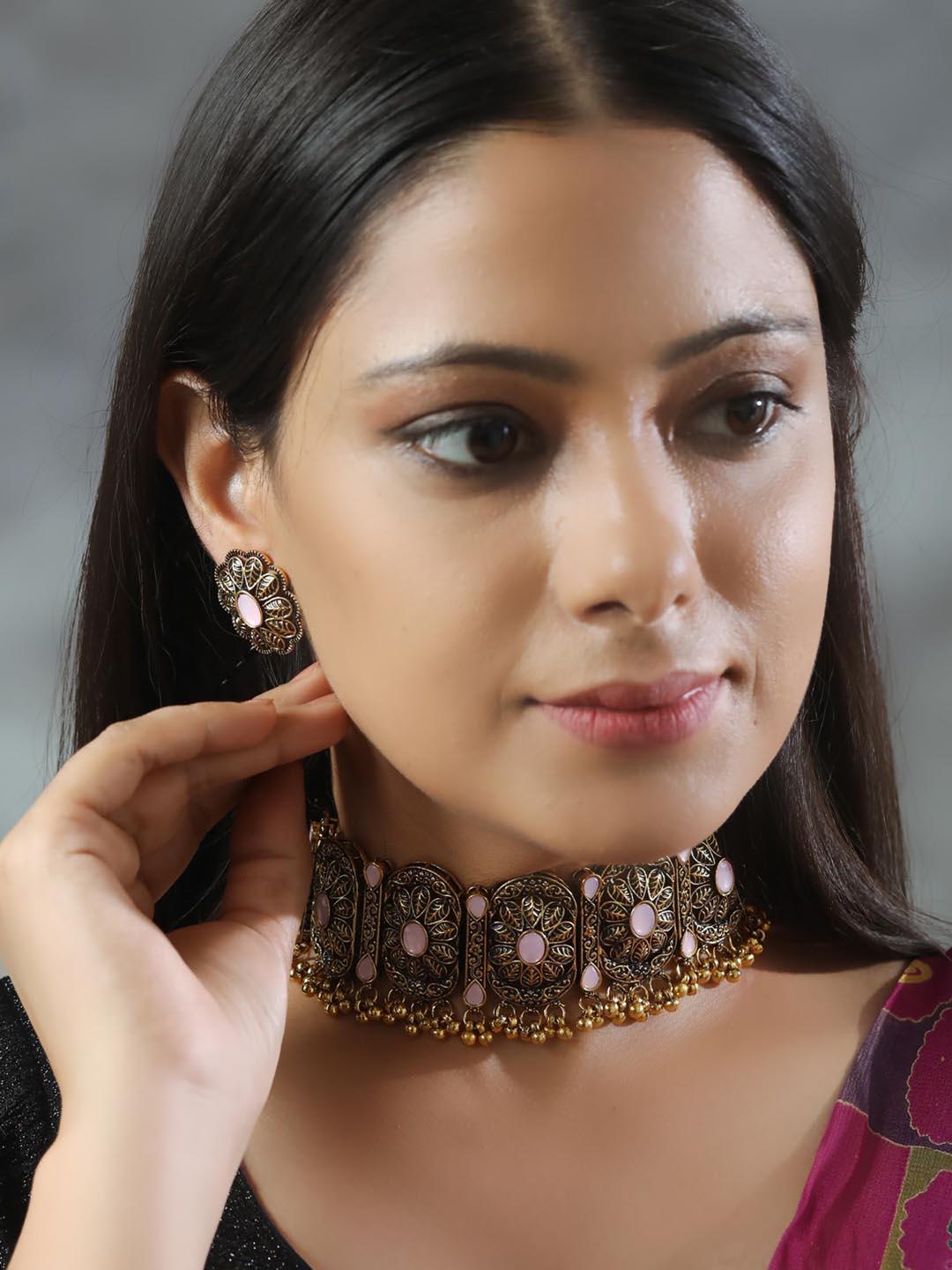 Women's Pink Stones Studded Gold Plated Choker Set - Priyaasi - Indiakreations