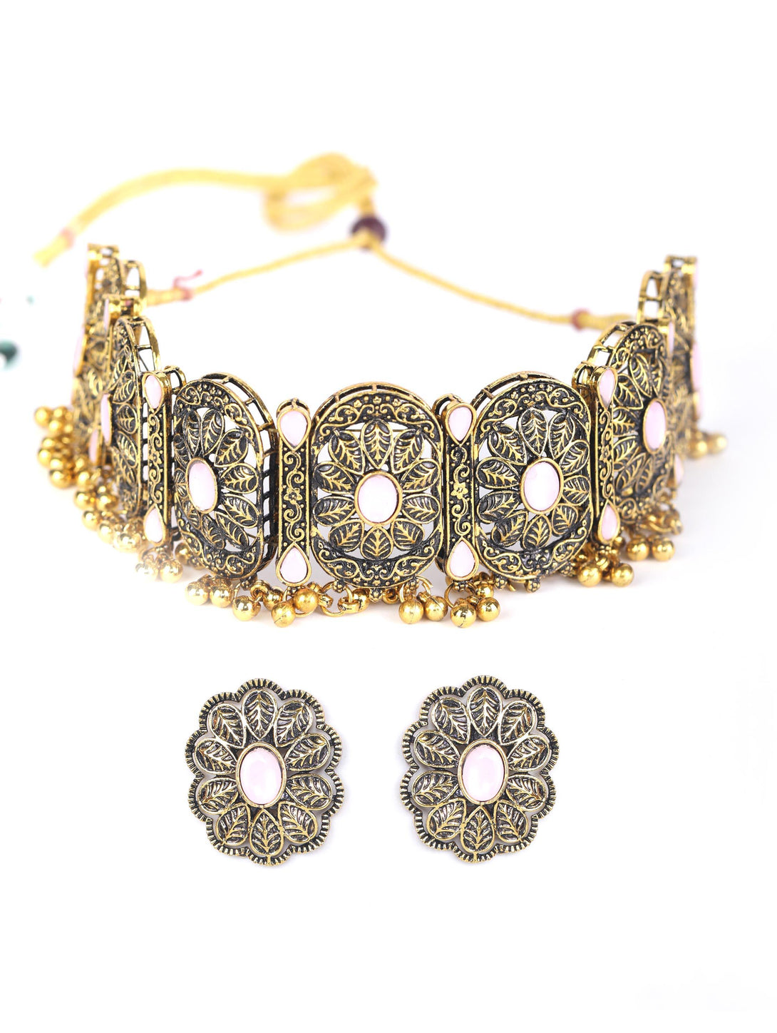 Women's Pink Stones Studded Gold Plated Choker Set - Priyaasi - Indiakreations