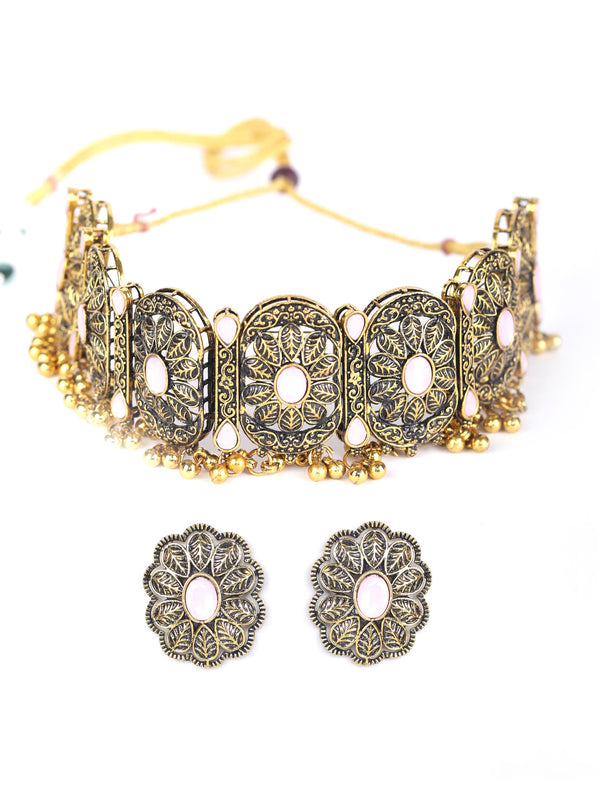 Women's Pink Stones Studded Gold Plated Choker Set - Priyaasi