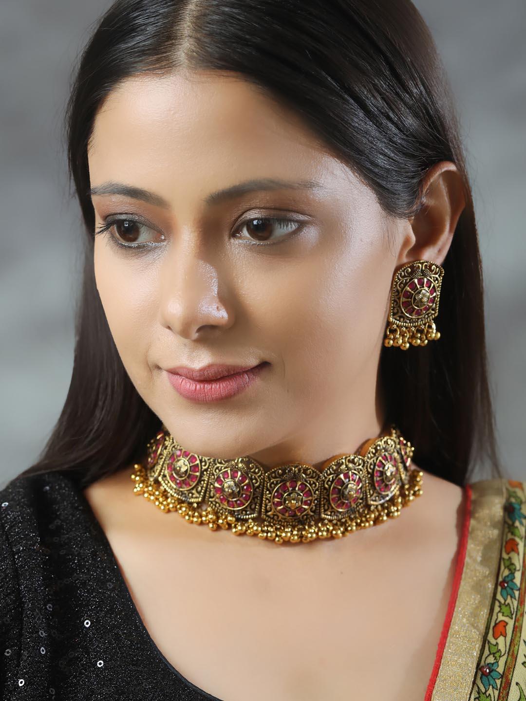 Women's Ruby Stones Studded Gold Plated Choker Set - Priyaasi - Indiakreations