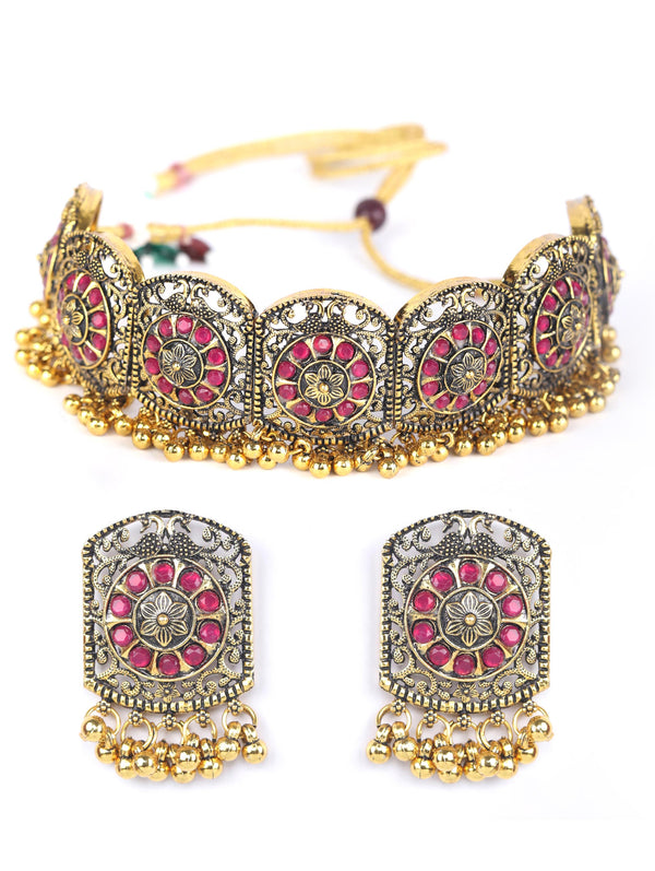 Women's Ruby Stones Studded Gold Plated Choker Set - Priyaasi