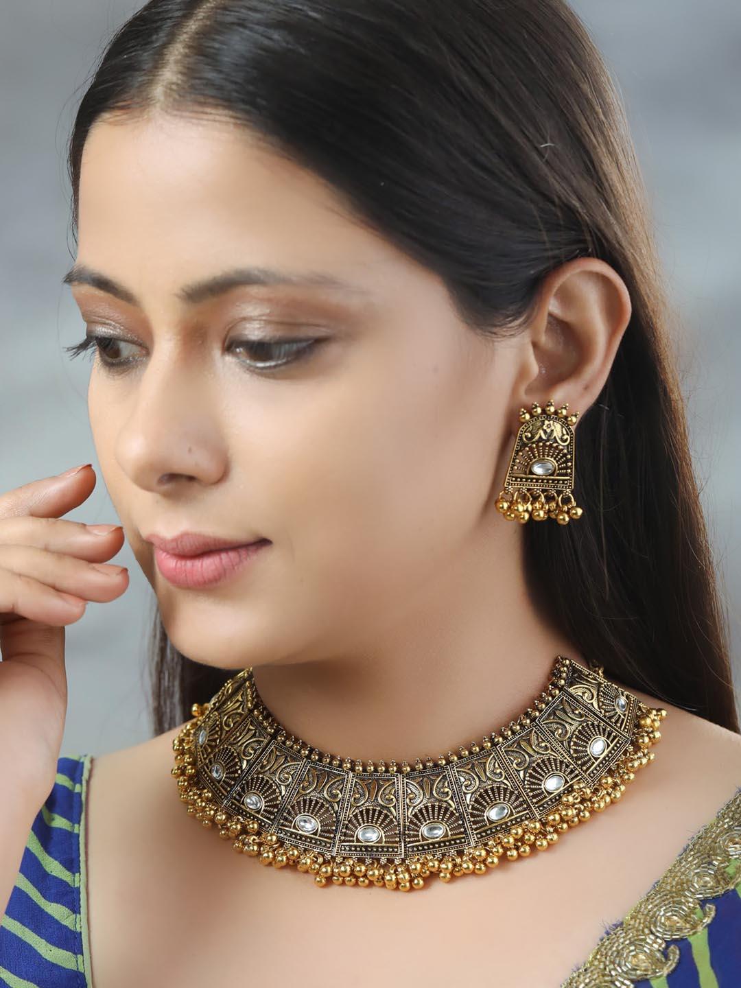 Women's Golden Gaze - Kundan Gold Plated Oxidised Jewellery Set - Priyaasi - Indiakreations