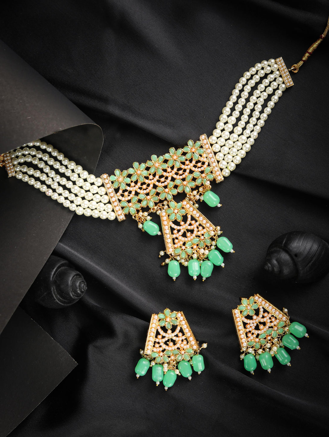 Women's Mint Green Pearls Stones Studded Gold Plated Choker Set - Priyaasi - Indiakreations