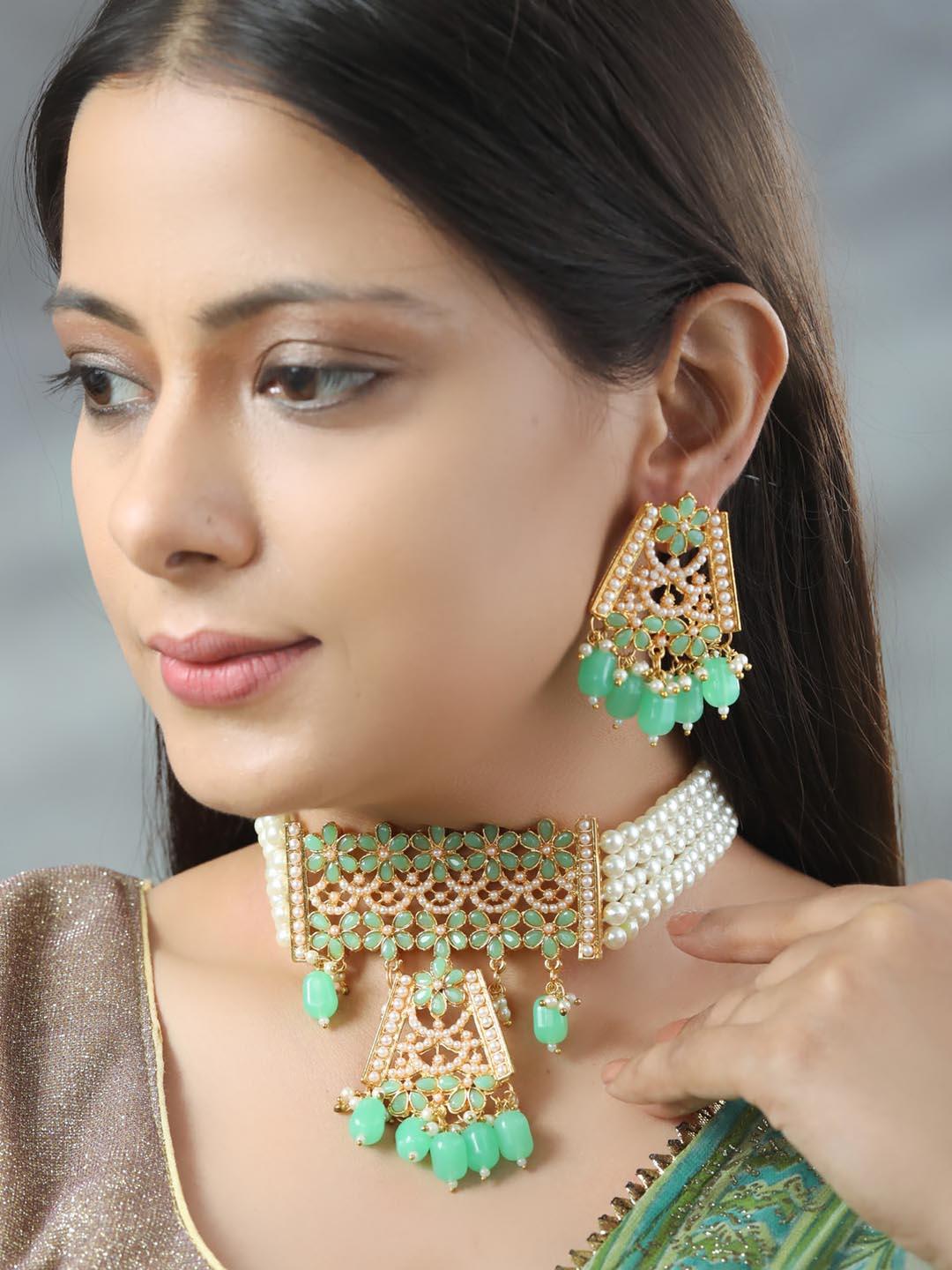 Women's Mint Green Pearls Stones Studded Gold Plated Choker Set - Priyaasi - Indiakreations