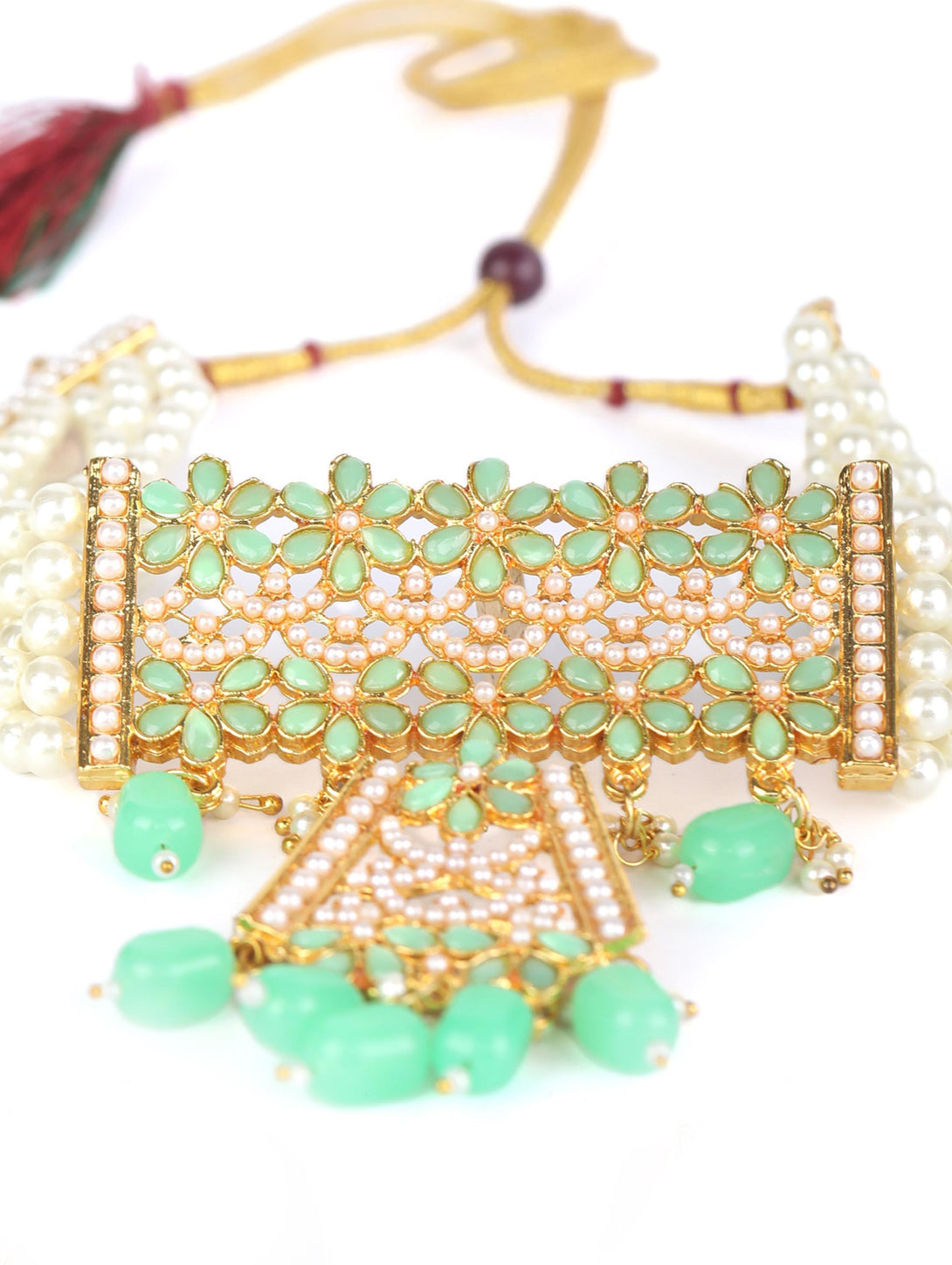 Women's Mint Green Pearls Stones Studded Gold Plated Choker Set - Priyaasi - Indiakreations