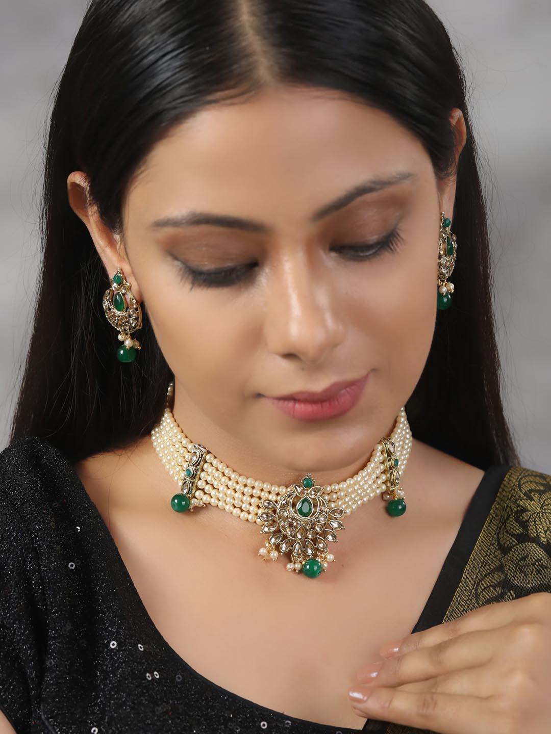 Women's Green Kundan Gold Plated Choker Set - Priyaasi - Indiakreations